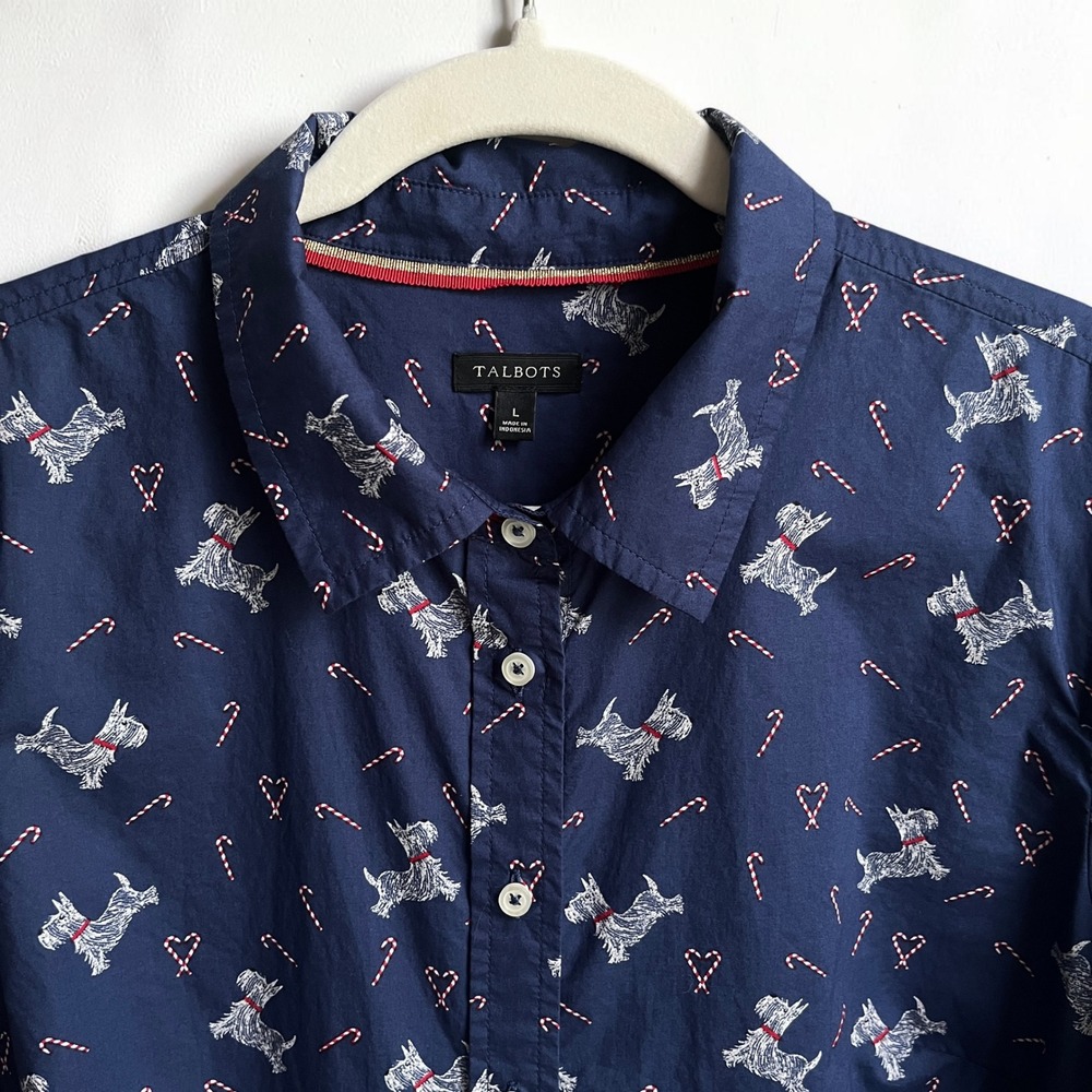 Talbots Button Up Shirt Women's Large Westie Dogs Candy Canes Navy Blue Festive